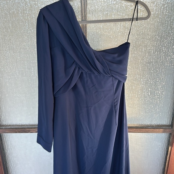 Rokh One Shoulder Knot Dress Women's 36 Navy Blue Crepe Midi Ruffle US size 6. - Picture 6 of 12
